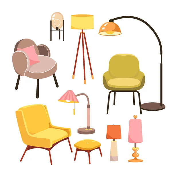 家庭やオフィスのインテリア 椅子やランプセットベクトルイラストのための家具 アームチェアと枕 スツール ランプシェード付きのリビングルームのコレクションのための漫画隔離された現代的な装飾 — ストックベクタ