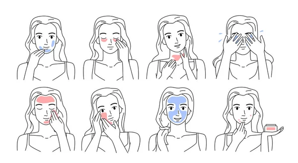 Facial beauty skin care, healthy routine of young woman, outline icons vector illustration. Hand drawn girls clean and moisture face with massage procedures, detox treatment, apply skincare cream