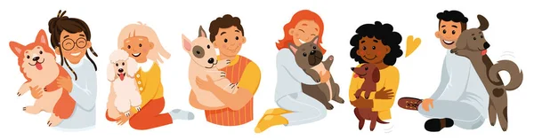 卡通孤立无援的孩子和成年的角色抱着可爱的动物伙伴的不同品种 收集人抱可爱的小狗 宠物主人爱犬和爱犬 — 图库矢量图片