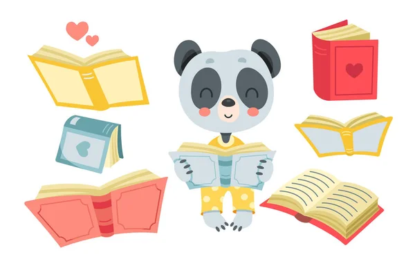 Panda Leitura Livro Ilustração Vetorial Desenhos Animados Isolado Bonito Feliz —  Vetores de Stock