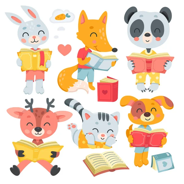 Animais Bonitos Ler Livros Conjunto Ilustração Vetorial Desenhos Animados Isolados —  Vetores de Stock
