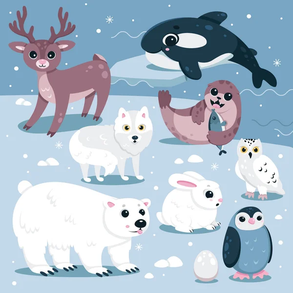 Wild animals and birds of North, nature of Arctic and Antarctic vector illustration. Cartoon isolated cute baby animal characters with funny polar bear, happy walrus with fish and penguin, white fox