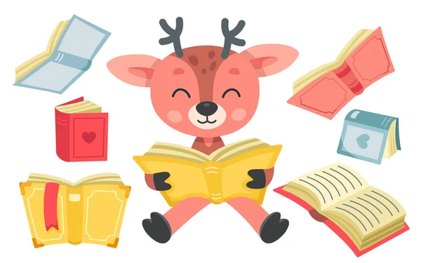 Bonito Cervo Leitura Vetor Ilustração Desenhos Animados Isolado Bebê Floresta —  Vetores de Stock