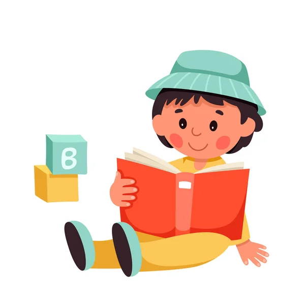 Lindo Niño Lectura Libro Vector Ilustración Dibujos Animados Aislado Bebé — Vector de stock