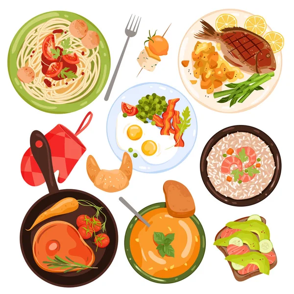 Lebensmittel Set Vektorillustration Von Oben Cartoon Sandwich Mit Lachs Und — Stockvektor