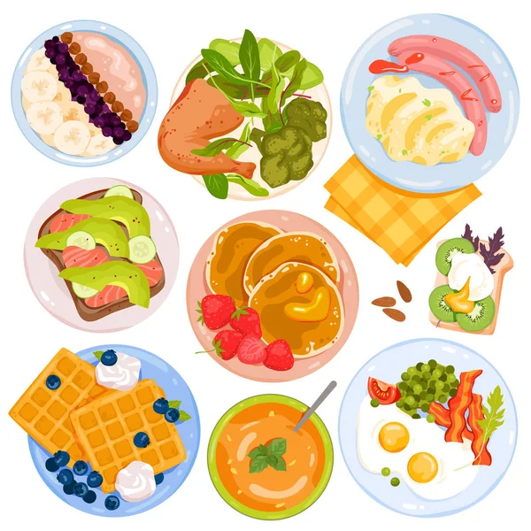 Sada Potravin Vektorové Ilustrace Kreslený Snídaňový Oběd Restaurace Menu Sbírka — Stockový vektor