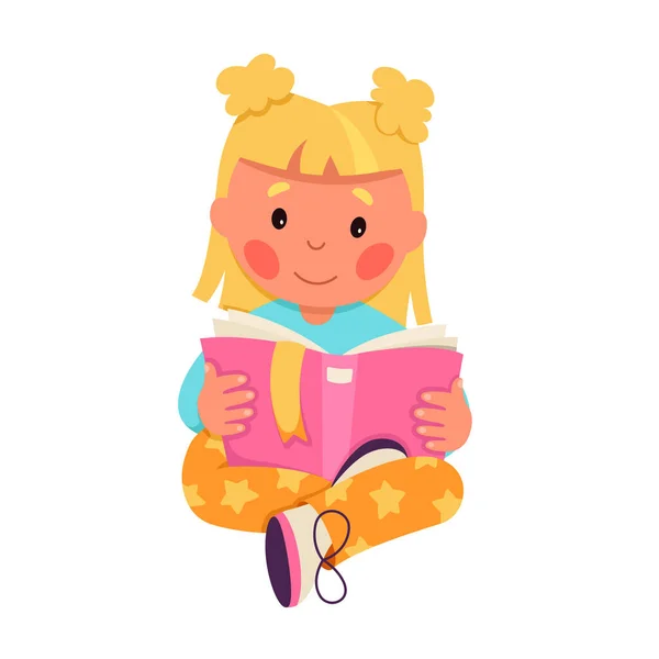 Cute Little Girl Reading Book Vector Illustration Cartoon Isolated Happy — Stock Vector