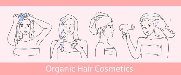 Home Hair Care Treatment Outline Set Vector Illustration Girls Wash — Stock Vector