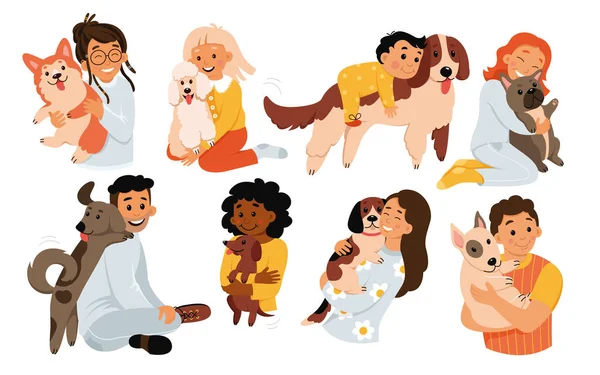 卡通孤立无援的孩子和成年的角色抱着可爱的动物伙伴的不同品种 收集人抱可爱的小狗 宠物狗的主人爱和照料狗 — 图库矢量图片