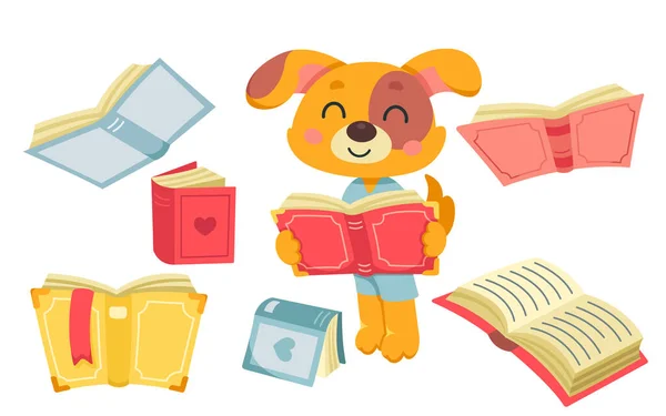 Cão Bonito Leitura Livro Vetor Ilustração Desenhos Animados Isolado Feliz —  Vetores de Stock