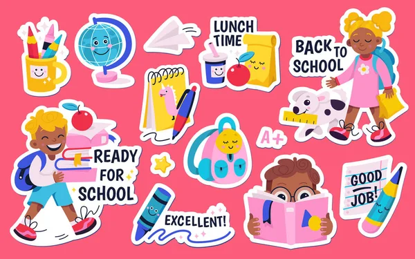 School Stickers Set Vector Illustration Cartoon Isolated Schoolboy Schoolgirl Carrying — Stock Vector