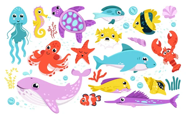 Karikaturen Zeigen Lustige Wasserfiguren Glückliche Wale Und Kraken Schwimmende Seepferdchen — Stockvektor