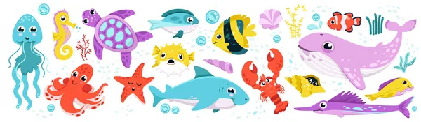 Χαριτωμένα Ψάρια Και Υποβρύχια Ζώα Φύση Της Θάλασσας Γελοιογραφία Απομονώνονται — Διανυσματικό Αρχείο