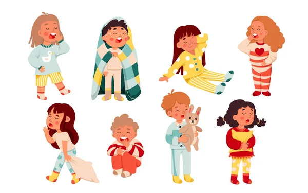 Muchachas Niños Aislados Dibujos Animados Pijama Bostezan Listos Para Descansar — Archivo Imágenes Vectoriales