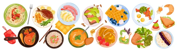 Cartoon Isolated Cereal Breakfast Fruit Bowl Avocado Salmon Morning Toast — Stock Vector