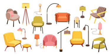 Ev ve ofis içi vektör illüstrasyonu için modern mobilyalar. Yatak odası ya da oturma odası, modern konforlu aksesuarlar ve dekor için karikatür izole edilmiş lamba, sandalye ve koltuk koleksiyonu
