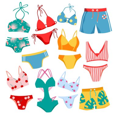 Erkek ve kadın için mayo ve iç çamaşırı şablonu koleksiyonu, moda şortu, külot ve pantolon, yüzmek için günlük bikini ve sütyen, plaj giysisi modelleri. Mayo karikatür seti