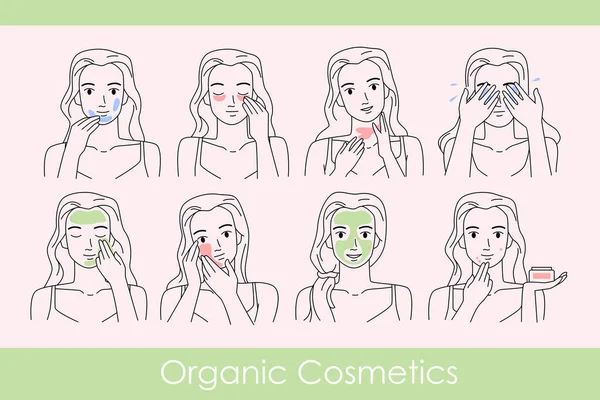 Hand Drawn Girls Clean Moisture Face Massage Procedures Αποτοξίνωση Εφαρμογή — Διανυσματικό Αρχείο