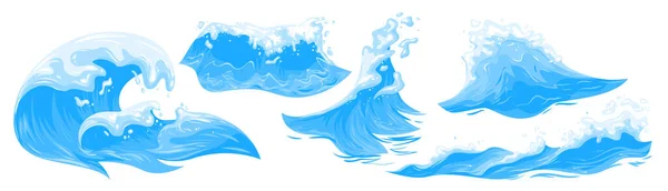 卡通片在波浪水面上喷出泡沫质感的孤立的水花 在洪水和海滩潮时海浪的轮廓 液体收集的运动 海洋蓝波集矢量图解 — 图库矢量图片
