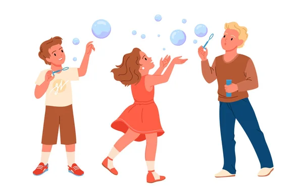 Barn Blåser Såpbubblor Och Spela Vektor Illustration Tecknad Söt Glad — Stock vektor