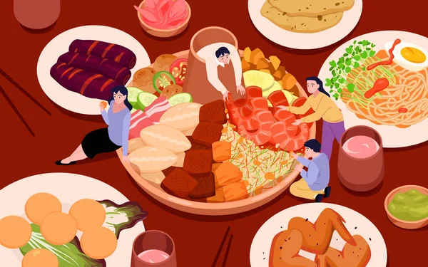 鍋料理のベクトル図を調理します 漫画の小さな幸せな家族の人々が集まり テーブルの上で鍋でおいしい熱いごちそう食事を調理し かわいいキャラクターは グルメスパイシーな肉や野菜を調理します — ストックベクタ