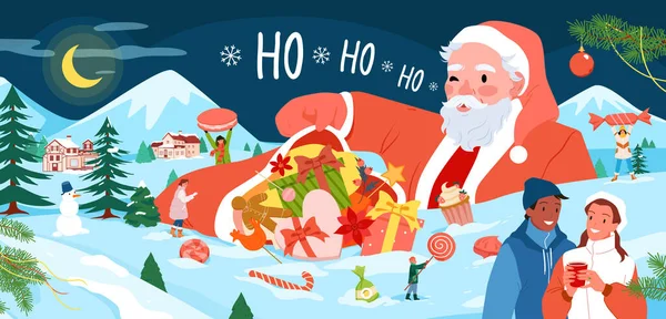 Buon Natale Felice Anno Nuovo Banner Vettoriale Illustrazione Cartoon Minuscole — Vettoriale Stock