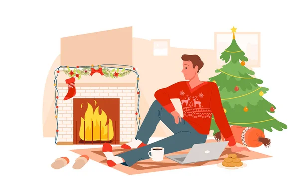 暖炉のベクトルイラストでクリスマス居心地の良い時間内 暖かいウールの靴下とセーターの漫画家冬のパターンは 大きなリビングルームの床にカーペットの上にラップトップで暖炉の側に座って — ストックベクタ