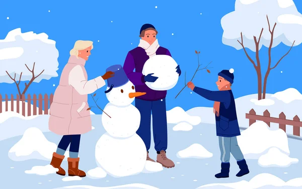 Pessoas Felizes Família Constroem Boneco Neve Ilustração Vetorial Cenário Neve —  Vetores de Stock