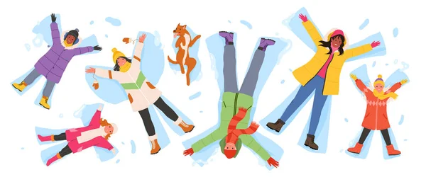 人们制造雪天使 从上面的矢量图解看 卡通片中的朋友和家人在雪地里做翅膀 快乐的女人和男人 孩子和狗躺在外面冰冻的雪地里 — 图库矢量图片
