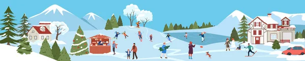 冬の町のベクターイラストでクリスマスのお祝い 自然と雪に包まれた幸せな人々のかわいいクリスマスのシーンと漫画の山の村や森の風景バナーテンプレート — ストックベクタ