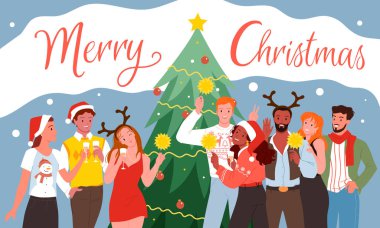 Mutlu Noeller, tebrik kartı temsili. Çizgi filmdeki mutlu erkek ve kadın karakterler birlikte kutluyor, arkadaşlar Noel ağacının yanında duruyorlar ve bardaktan şampanya içiyorlar.