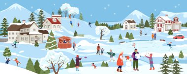 Karikatür dağ köyü ve orman manzarası. Mutlu insanların doğada dinlendiği ve kardan evlerin pankartta sergilendiği şirin Xmas sahneleri. Kış kasabası temsilciliğinde Noel kutlaması