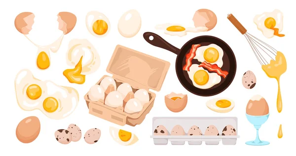 Eggs Set Vector Illustration Cartoon Whole Broken Farm Chicken Quail — ストックベクタ