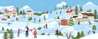 Christmas celebration in winter town. Cartoon mountain village and forest landscape with cute Xmas scenes of happy people resting in nature and snow houses in banner template