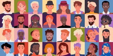 Cartoon portraits of multicultural diverse team of happy female and male adult characters with smiles on young faces, cute man and woman. Different people in square avatars vector illustration