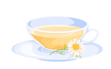 Herbal tea in cup. Cartoon wild camomile flowers with white petals and green leaf on stem
