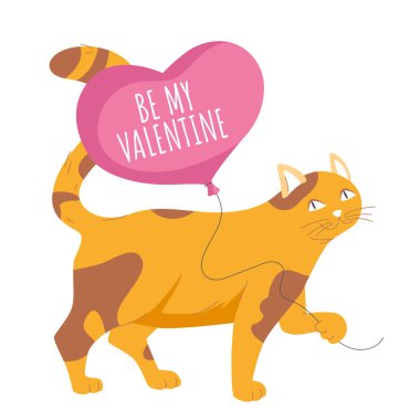 Cute cat holding romantic balloon in shape of heart and text be my valentine vector illustration. Cartoon adorable kitty greeting on Valentines Day with pink love gift, funny kitten with balloon