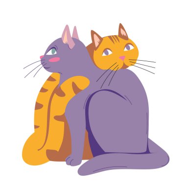 Two cats sitting together vector illustration. Cartoon couple of cute happy kittens with funny faces, paws and tails hugging in love, romantic and kawaii pets family for Valentines Day greeting card
