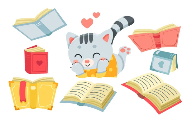 Cute Gato Leitura Livro Vetor Ilustração Desenhos Animados Isolado Bebê —  Vetores de Stock