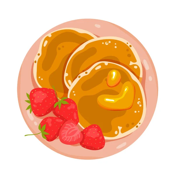 朝食用ベクトルイラスト用の甘いパンケーキとストロベリー 漫画の孤立おいしいスナックやデザート 蜂蜜やメープルシロップとサークルパンケーキのスタック プレート上の新鮮なベリー トップビュー — ストックベクタ