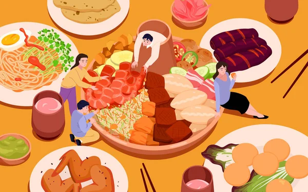 鍋料理のベクトル図を調理します 漫画の小さな家族の人々は 家庭での中国の再会ディナーのためのテーブルの上で鍋に熱いおいしいアジア料理を調理し 幸せな祭りのお祝いのための新鮮な食事 — ストックベクタ
