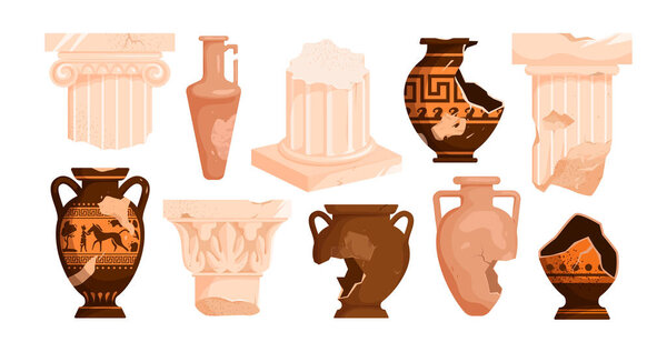 Ancient broken vases, Roman and Greek columns set vector illustration. Cartoon antique pillar, ceramic pot and pieces of ornate amphoras with art vintage pattern, pottery in museum exhibition