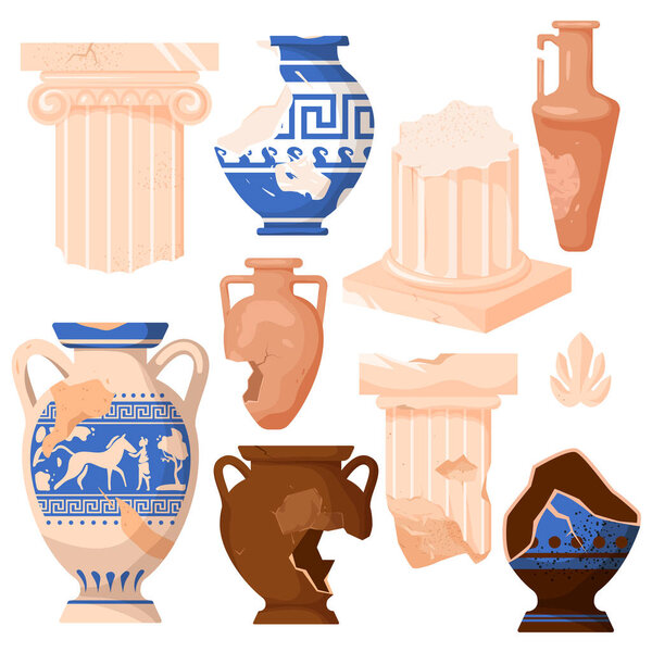 vector illustration set featuring ancient Roman and Greek columns and amphoras. cartoon-style broken ceramic vases and clay jars for wine, decorated with traditional old patterns