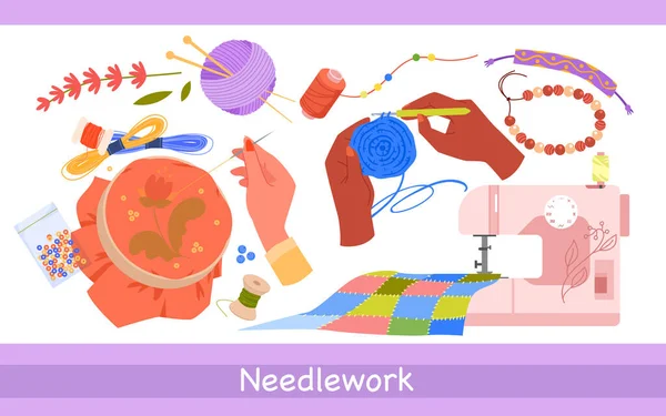 Needlework Banner Design Template Vector Illustration Desenho Flores Bordado Mãos —  Vetores de Stock