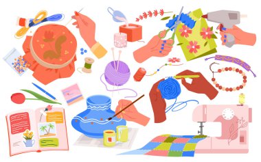 Sanat seti çizimi. Çizgi filmlerdeki eller çanak çömlek, kağıt, nakış, örgü ve yapıştırma kitabı için süslemeler yapar. DIY el sanatları için malzeme ve araçlar dahil