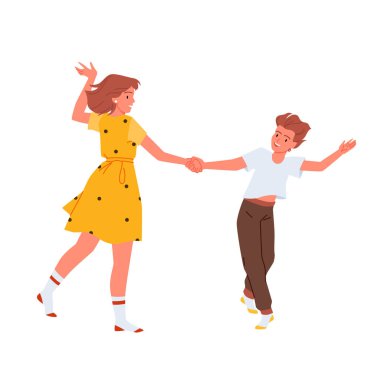 Mutlu anne ve oğul dans eden vektör çizimi. Çizgi film, küçük oğlanların dans etmek için el ele tutuşup eğlendiği, aile partisinde ebeveyn ve sevimli bir çocuk gibi giyinmiş genç bir kadını izole ediyor.