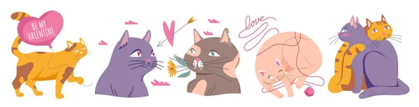愛のベクトルイラストでかわいい猫 心を形成する尾を抱いた面白い漫画猫 私はあなたや花を愛する兆候を保持 バレンタインデーカードのために素晴らしい — ストックベクタ