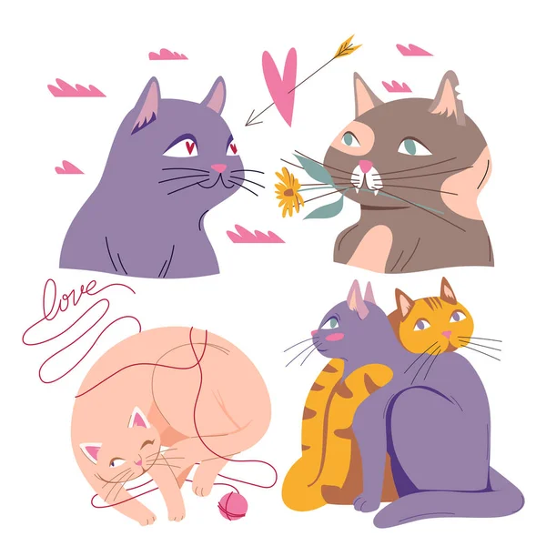 Illustration Uppsättning Söta Katter Förälskade Tecknad Stil Roliga Katter Sitter — Stock vektor