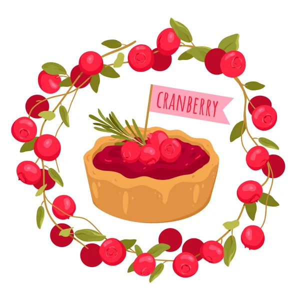 Cranberry Portion Cake Circle Wreath Red Berry Fruit Leaves Vector — Stock Vector