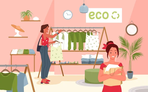 Eco Mode Vektor Illustration Tecknad Kvinna Håller Shoppingväska Med Miljövänliga — Stock vektor